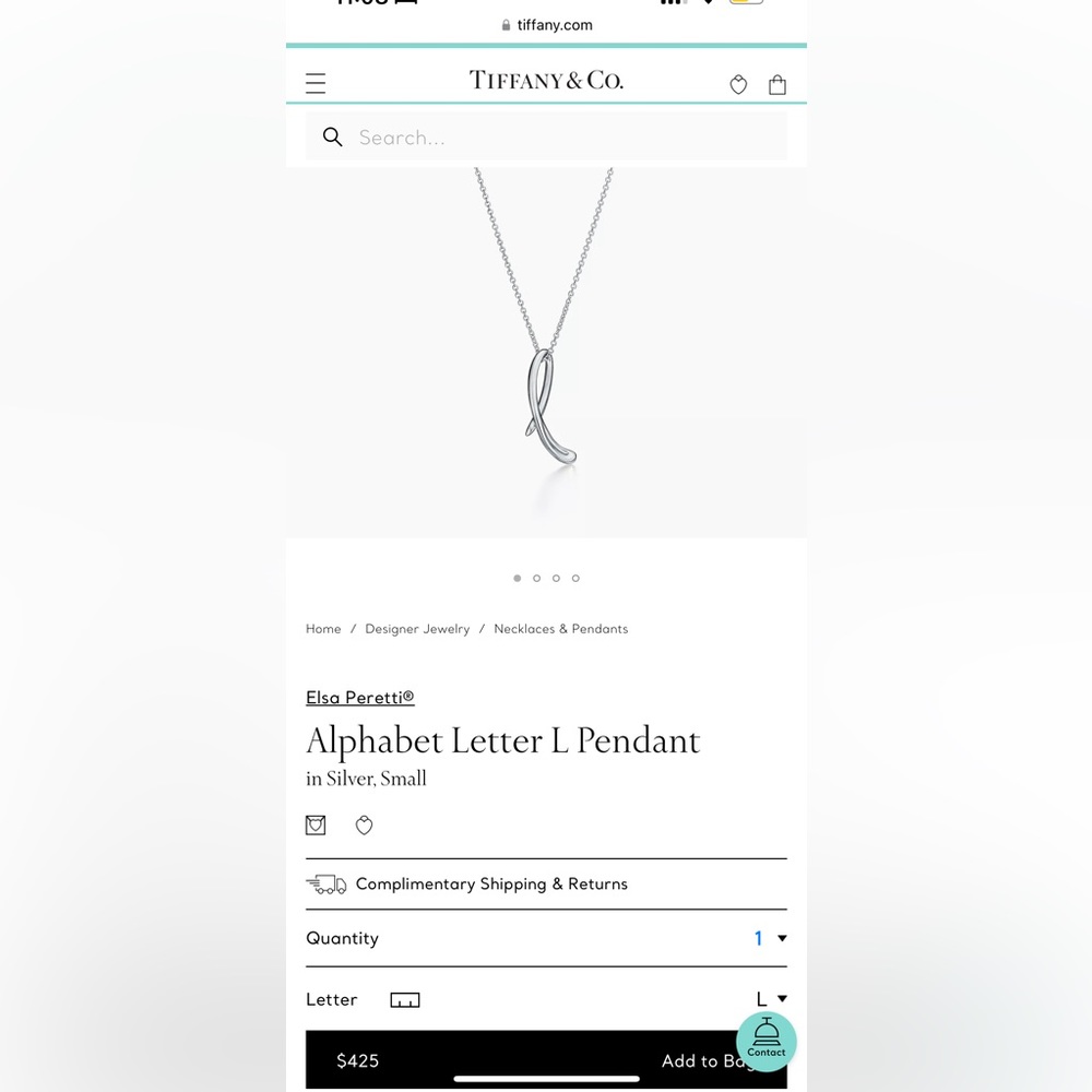 Tiffany & Co. Elsa Peretti®
Alphabet Letter L Pendant
in Silver, Small necklace